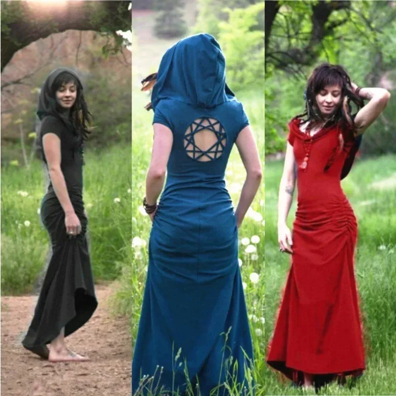 

CyGothic Hollow Out Backless Sexy Long Dress with Big Hooded Medieval Women Floor Length Dress Slim Solid Back Cross Bandag FR04