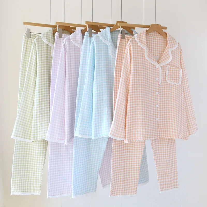 

Spring and Autumn Cotton Women Checkered Printed Long Sleeve Long Trousers 2 Pcs Pajamas Set Simple Thin Loungewear Women