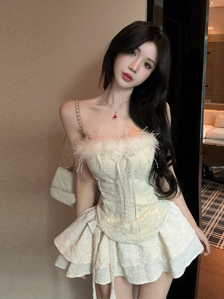 Pure Desire Sexy Girl Sleeveless Furry  Knot Embroidery Chest Pad Vest Top High Waist Thickened Cake Skirt Set