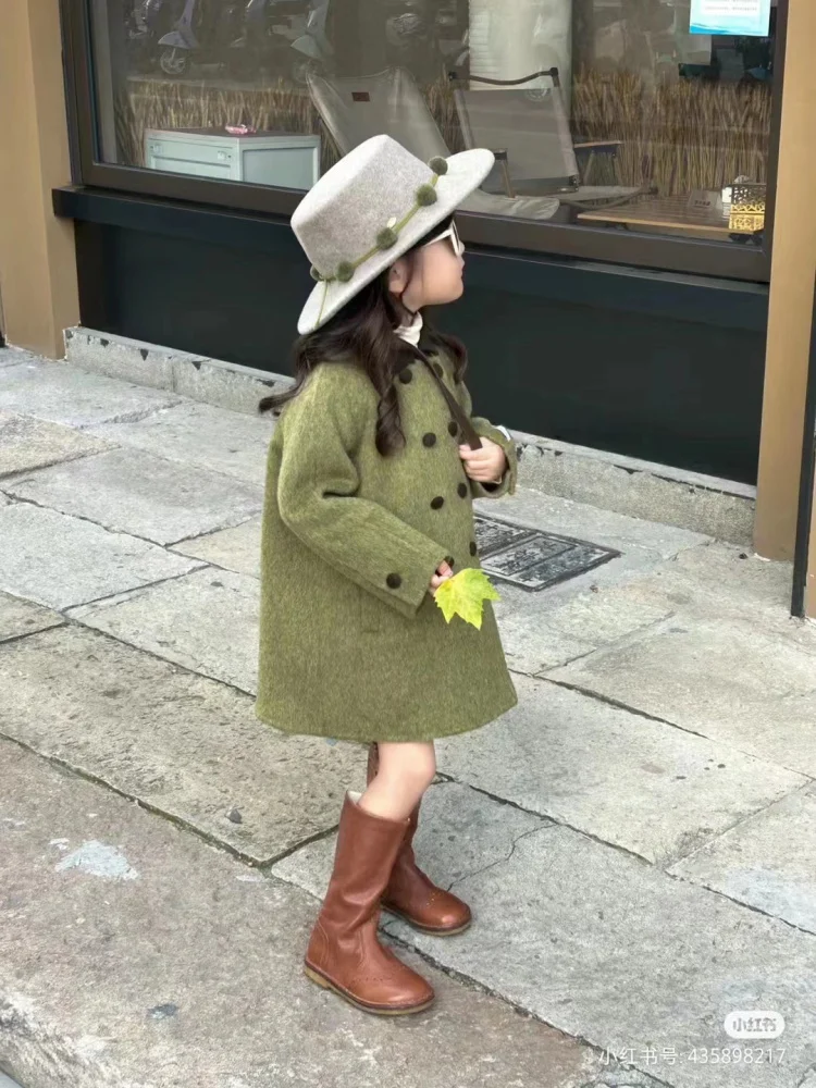 South Korea Children's Clothing Girls' Woolen Coat Autumn and Winter Clothing Children's Padded Top Children's Mid-Length Woolen