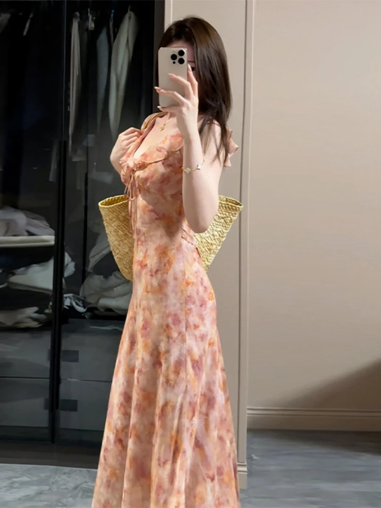 Summer een Floral Lace Hem Strap V-Ne Waist Cinched Long Dr Women's Sweet Sle High Waist A-Line Skirt Maxi Dr