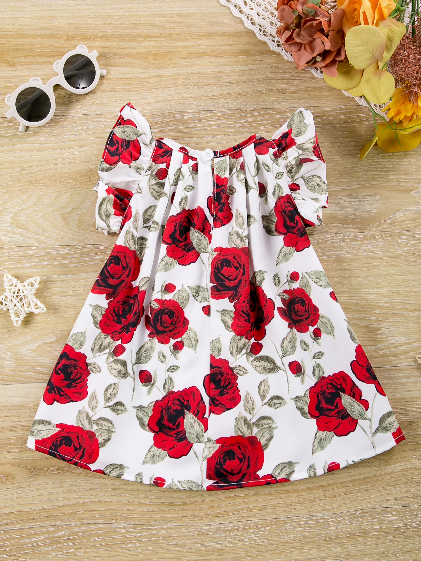 Baby Girls Spring Summer New Arrival Fly Sleeve Dress, Rose Floral Print Pleated Design, Cute Sweet Casual Kids Apparel