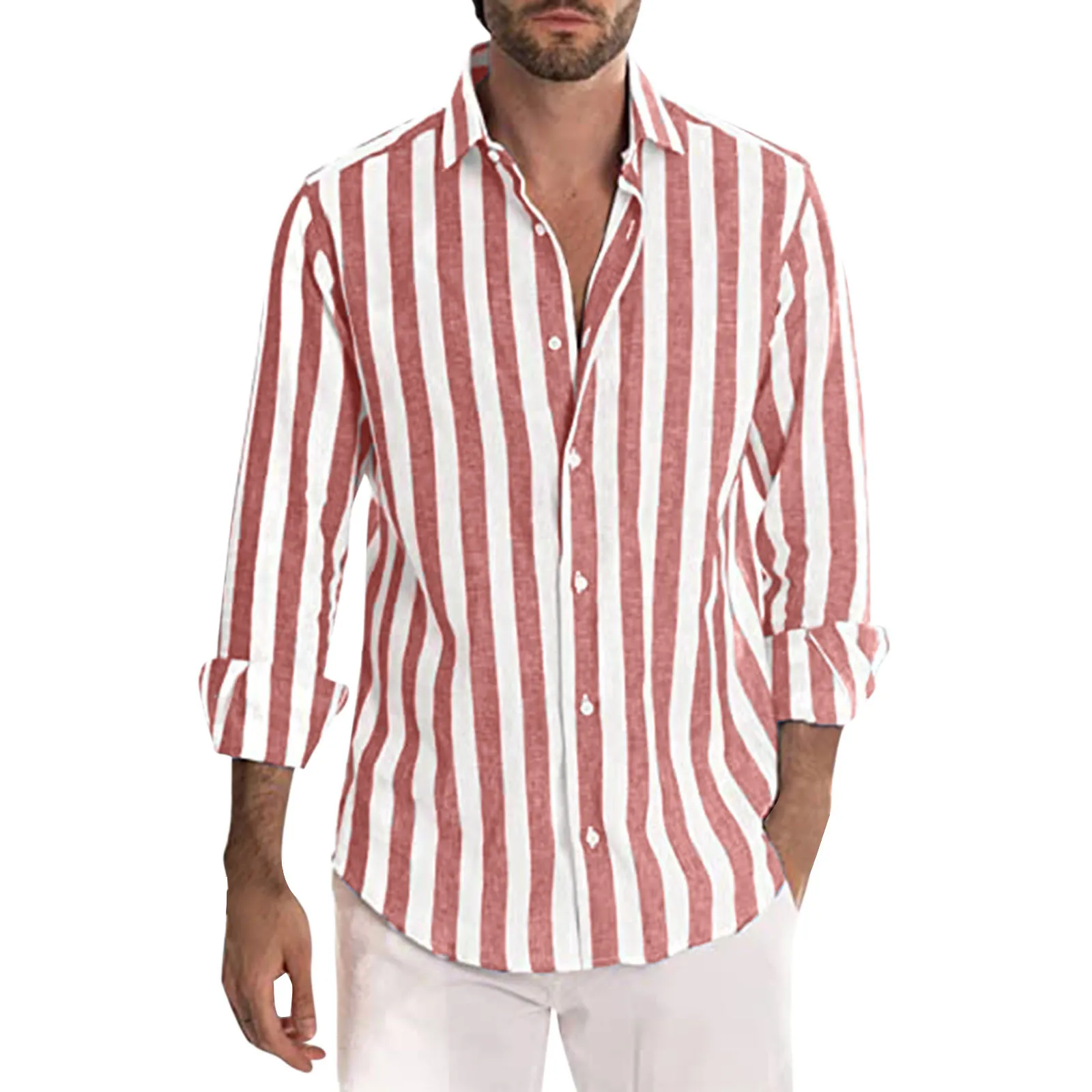 Summer Men Linen Shirt Long Sleeve Stripe Print Baggy Down-collar Button Shirts Tops Male Clothes