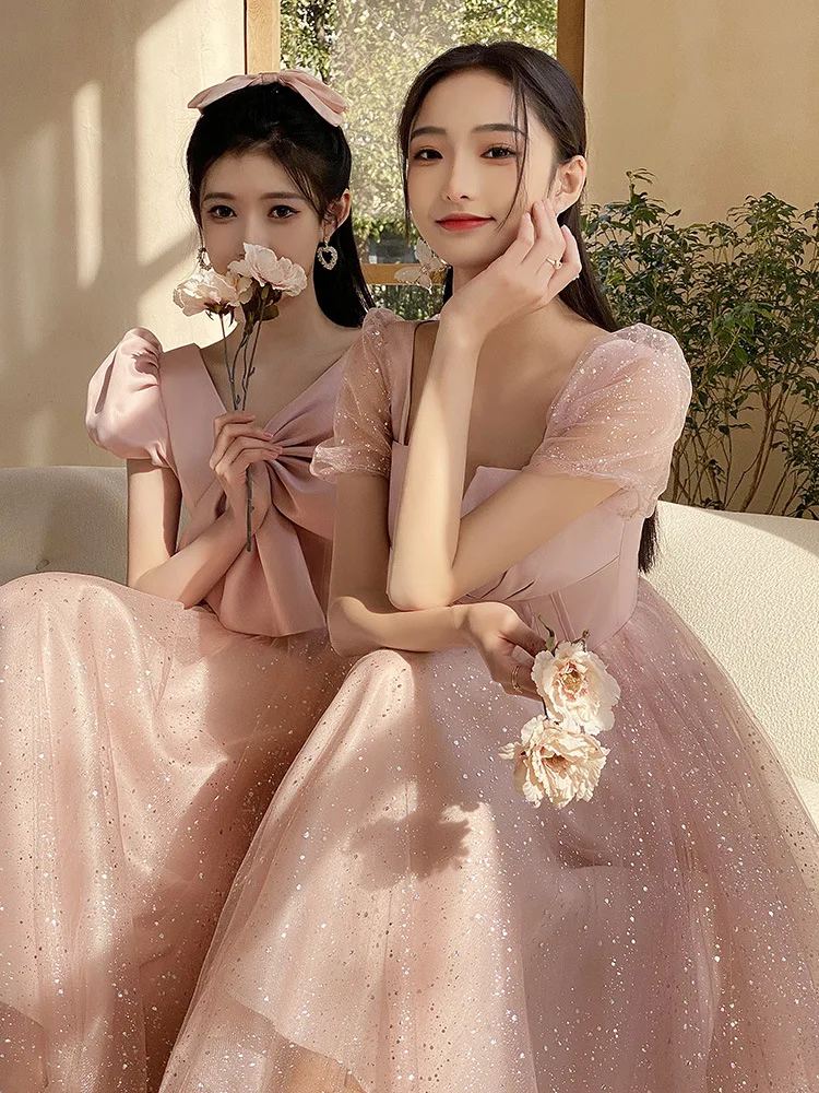 Pink Bridesmaid Dress 2023 New Princess Puff Sleeve Bow Sexy Backless Sequin Tulle Women's Wedding Party Gown Maxi Vestidos