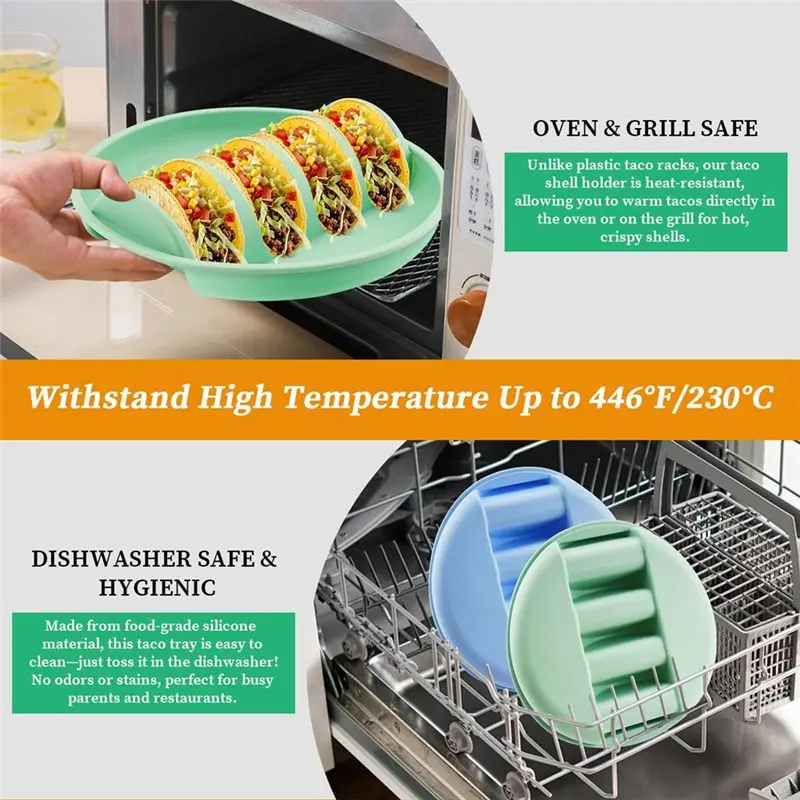 BMBY-Silicone For Mess-Free Family Dinner Party Taco Plates Set Of 2, Microwave& Oven Safe Taco Tray Holders 4 Shells Each