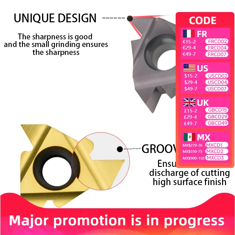

Carbide Insert CNC Lathe Tool for Slotting Thread Turning 11IR/16IR H01 PRC YZ5018 A55 A60 AG55 AG60 Sizes 1.0/1.25/1.5/2.0/2.5/