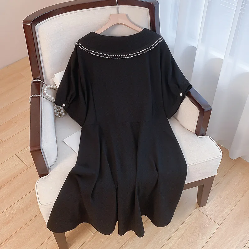 160Kg Plus Size Women's Bust 160 Summer Loose Double Line Doll Neck Short Sleeve Dress Black 6XL 7XL 8XL 9XL 10XL