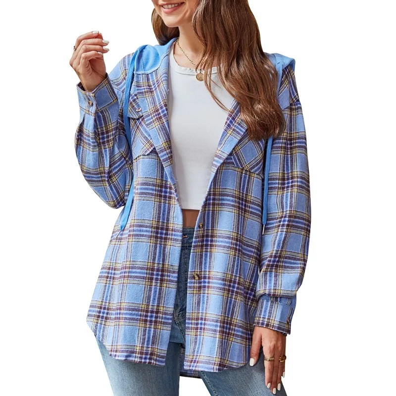 Autumn and Winter Women\'s Cardigan Hooded Collar Long Sleeve Plaid Button Pocket Lace Up Stripe Loose Fashion Casual Shirt Tops