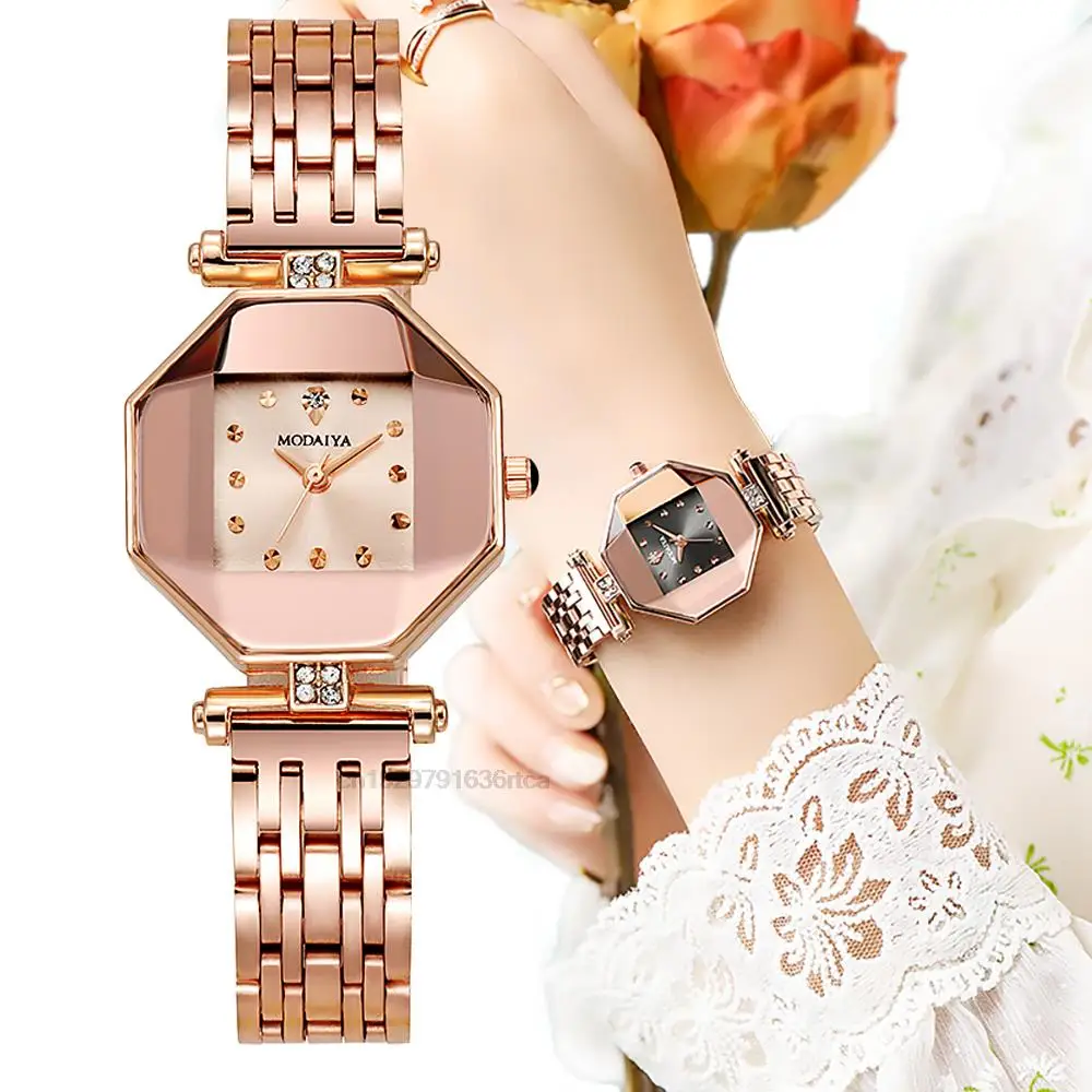 Moda Irregular Diamantes Diseño Cuadros Reloj de cuarzo de las mujeres Venta caliente de acero inoxidable Correa de oro rosa Relojes de las señoras