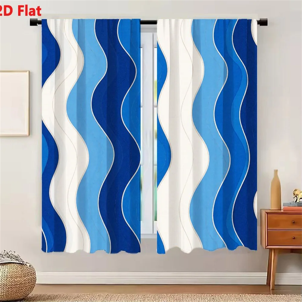 2Pcs Curtains 2D Flat Repeating Wavy Lines Pattern In Varying Shades Of Blue And White With Thin White Outlines Smooth Flowing W