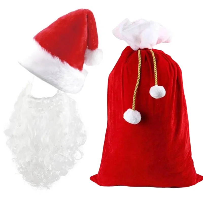 

3pcs/set Festive Christmas Santa Costume Set：Synthetic Beard and Santa Hat, Red Velvet Gift Bag,Perfect for Cute Holiday Fun