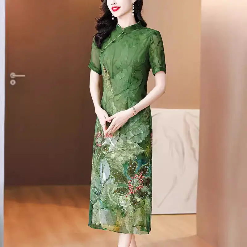 Mom's Summer Clothing 2024 New High End Chinese Daily Improvement Qipao Retro Print Dress Elegant Short Sleeve Vestidos K1643