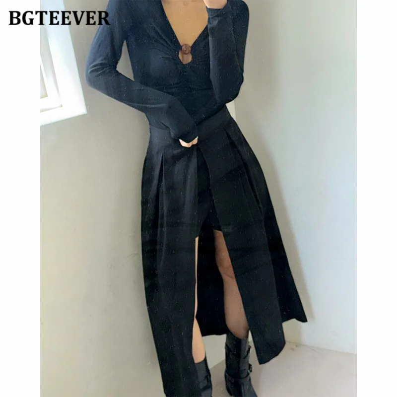 BGTEEVER Stilvolle Hohe Taille Damen Split Lange Röcke Frühling Sommer Beiläufige Lose Frauen A-linie Röcke