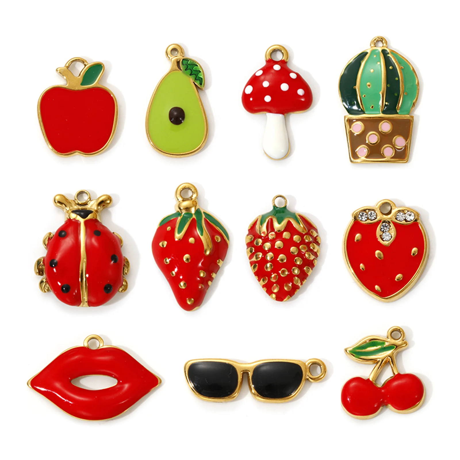 2 Pcs 304 Stainless Steel Charms 18K Real Gold Plated Red Enamel Fruit Mushroom Avocado Apple Strawberry Pendants Necklace DIY