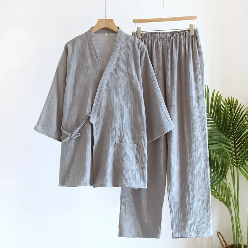 أردية كيمونو كبيرة الحجم مع جيب وسراويل طويلة 2 قطعة طقم بيجامات للرجال ملابس نوم بيجامات قطنية للرجال