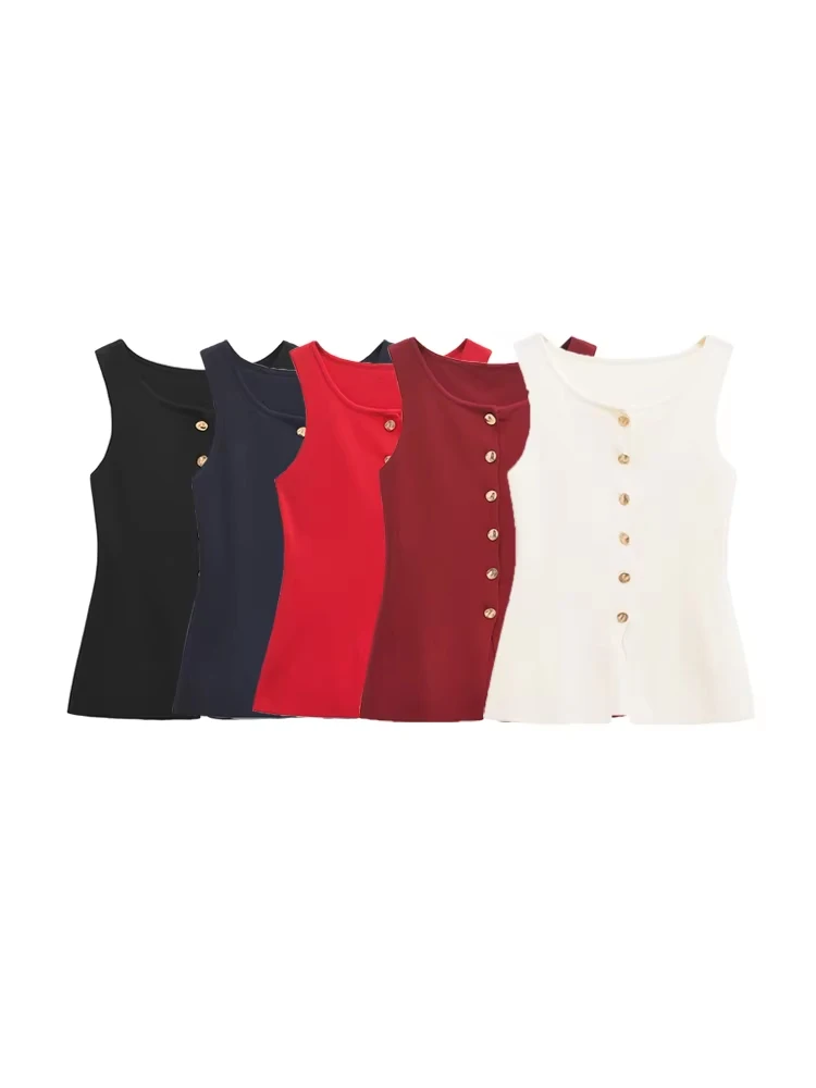 

Smvp Women's Knitted Vest with Golden Buttons, Sleeveless Sweater, O Neck, Chic Tops, Female Waistcoat, Fashion，ladies