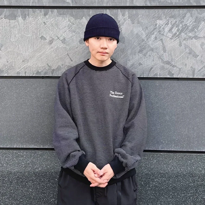 

2025 The Ennoy Professional pinstripe embroidery pure cotton round neck sweatshirt simple loose daily versatile couple long