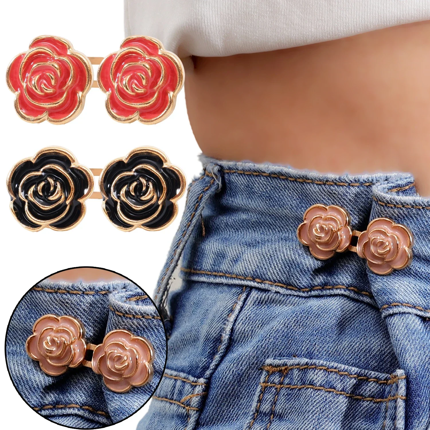 1-5pcs Colorful Waist Buckles Rose Shape Jean Pant Button Detachable Alloy Waist Tightener Clothing Accessories DIY Waist Buckle