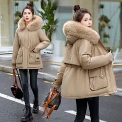 2024 New Korean Winter Women Jacket Long Parka Fur Collar Loose Wool Liner Hooded Jacket Warm Thick Warm Snow Wear Padded Parka