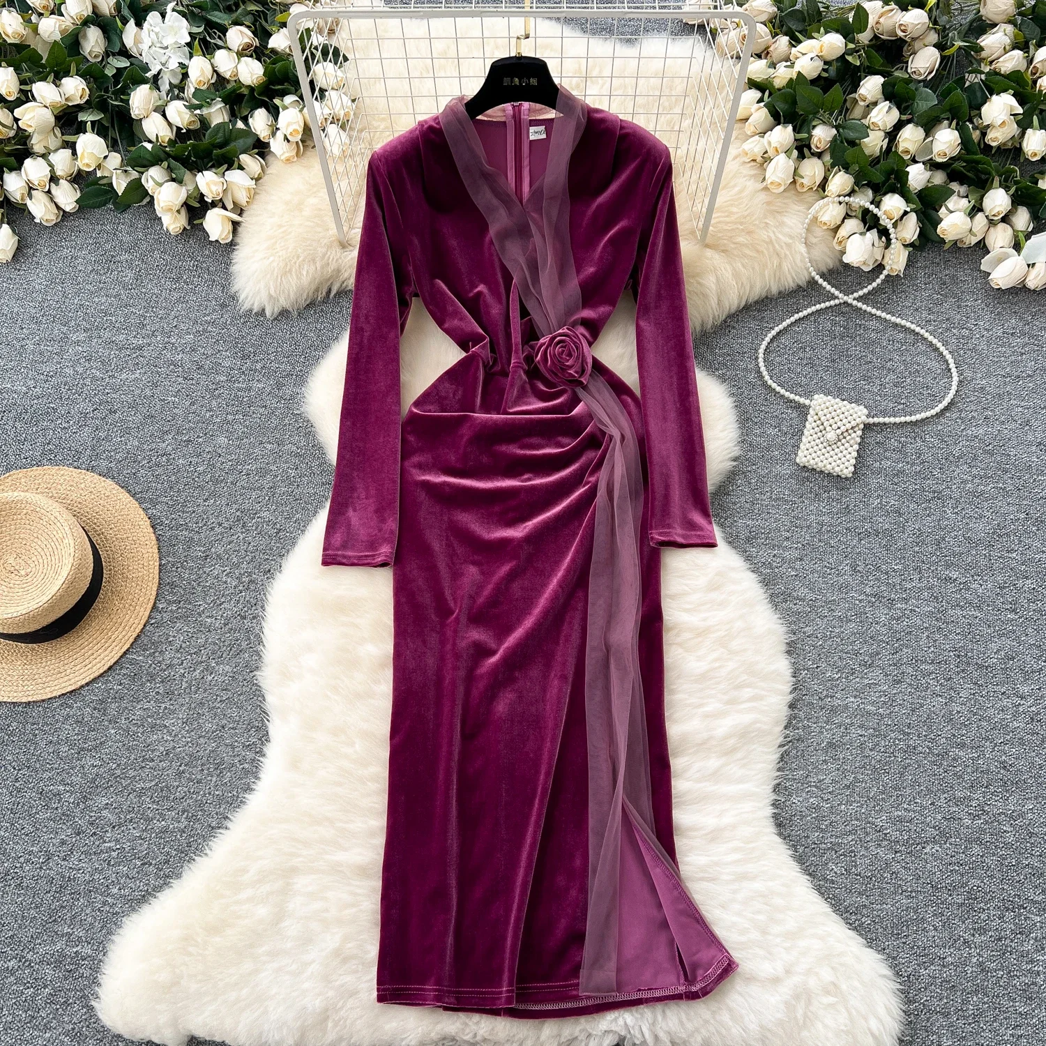 Women V-neck Vintage Long Sleeve Elegant Mesh 3D Floral Chic Split Velet Slim Dresses French Evening High Street Winter Clothing