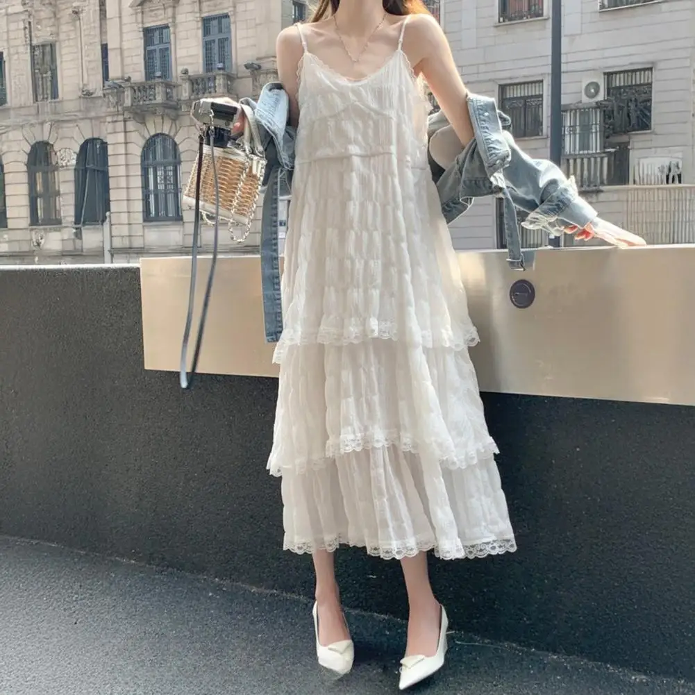 Women's Casual Loose V-neck  Lace Maxi Dress Summer Beach Vacation Long Dress Solid Color Loose