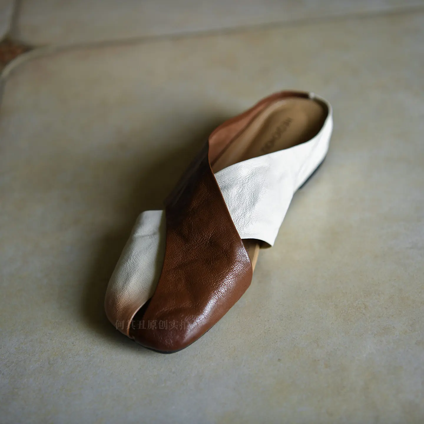 Women Brown White Genuine Leather Mule Slippers ColorBlock Cross Splicing Square Closed Toe Flat Backless Casual Shoes