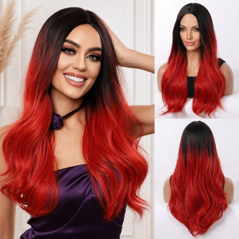 24 inch black gradient red wave synthetic wig, suitable for women's holiday gatherings and travel wear