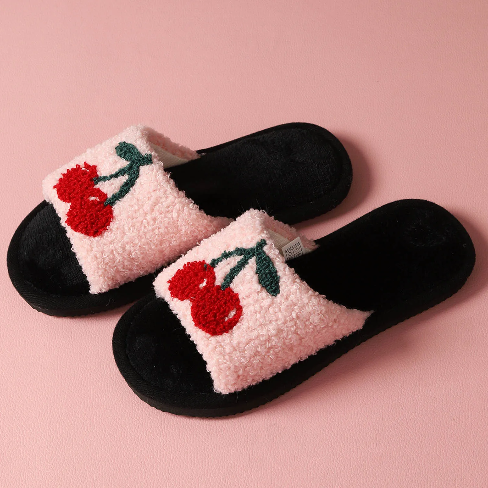 Cute Cherry Cotton Slippers Women Indoor Bedroom Soft Sole Non Slip Slides Woman Fluffy Plush Warm Winter Slippers For Indoor