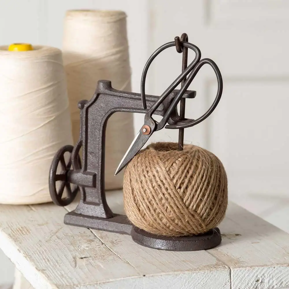

Vintage Sewing Machine Set: Jute Twine, Scissors Holder, Cast Iron, 3-Piece Farmhouse Decor