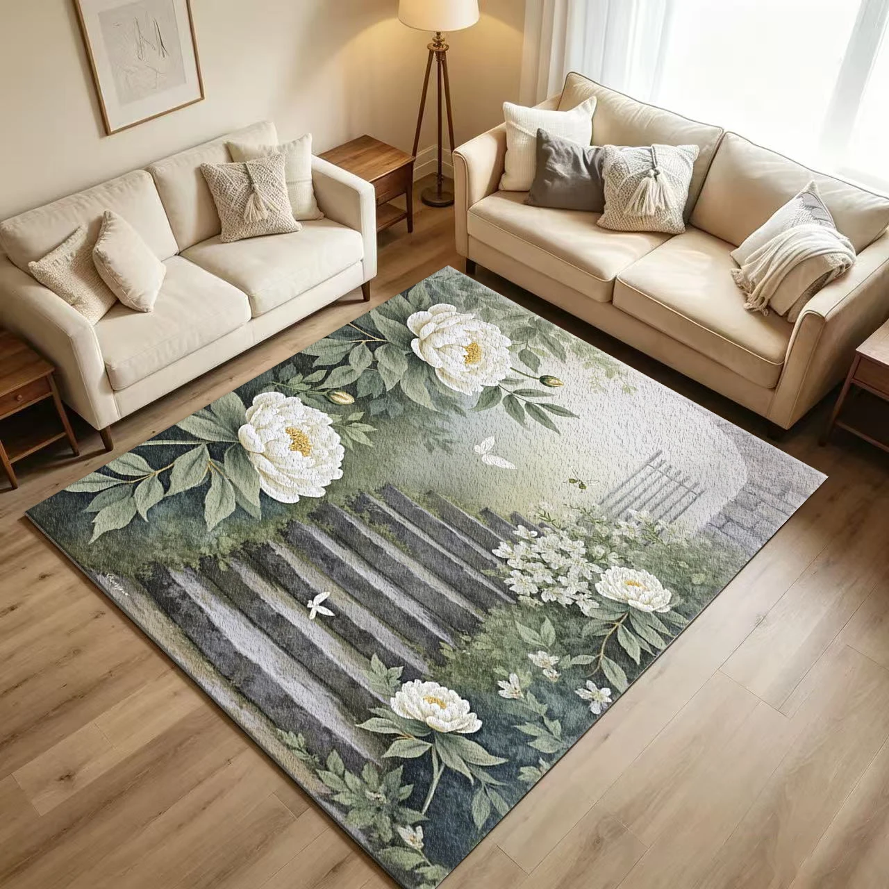 White Peony Garden Fence Butterfly Carpet Flooring Vintage Botanical Scenery Printed Floor Rug for Bedroom Living Room Home Decor