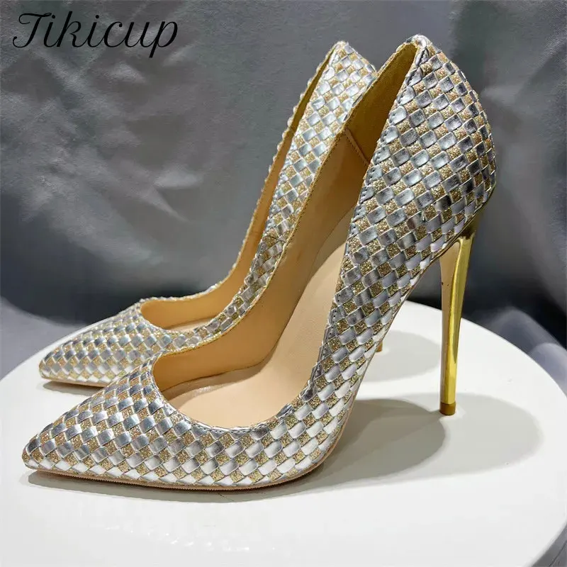 Tikicup Shiny Plaid Chic Women Stilettos High Heels Bling Party Dress Shoes Ladies Ponited Toe Slip On Pumps Plus Size 43 44 45