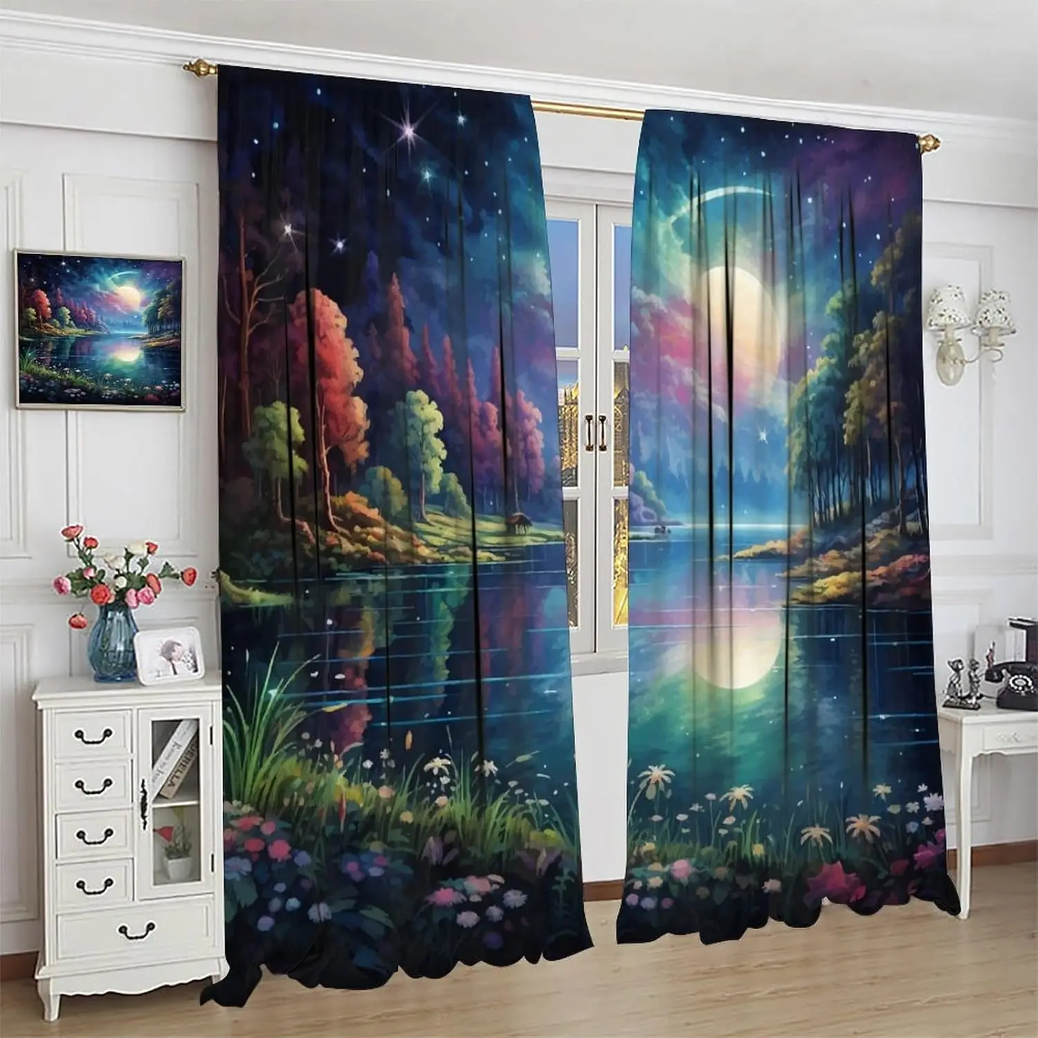 Mysterious Lakeside Forest Curtains,Fantasy Dreamworld Fairy Tale Starry Sky for Child,Rod Pocket Room Darkening Treatments for