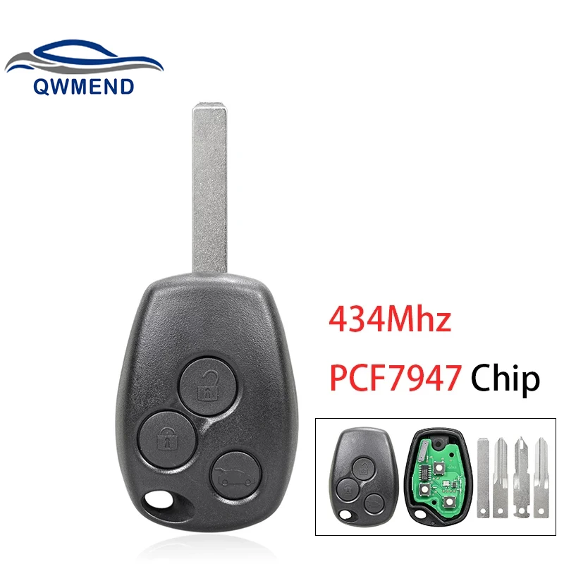 

QWMEND 3BUT Remote Control Key for Renault Kangoo II /Clio III Duster Modus Twingo DACIA Logan Car Key PCF7947 Chip 434Mhz