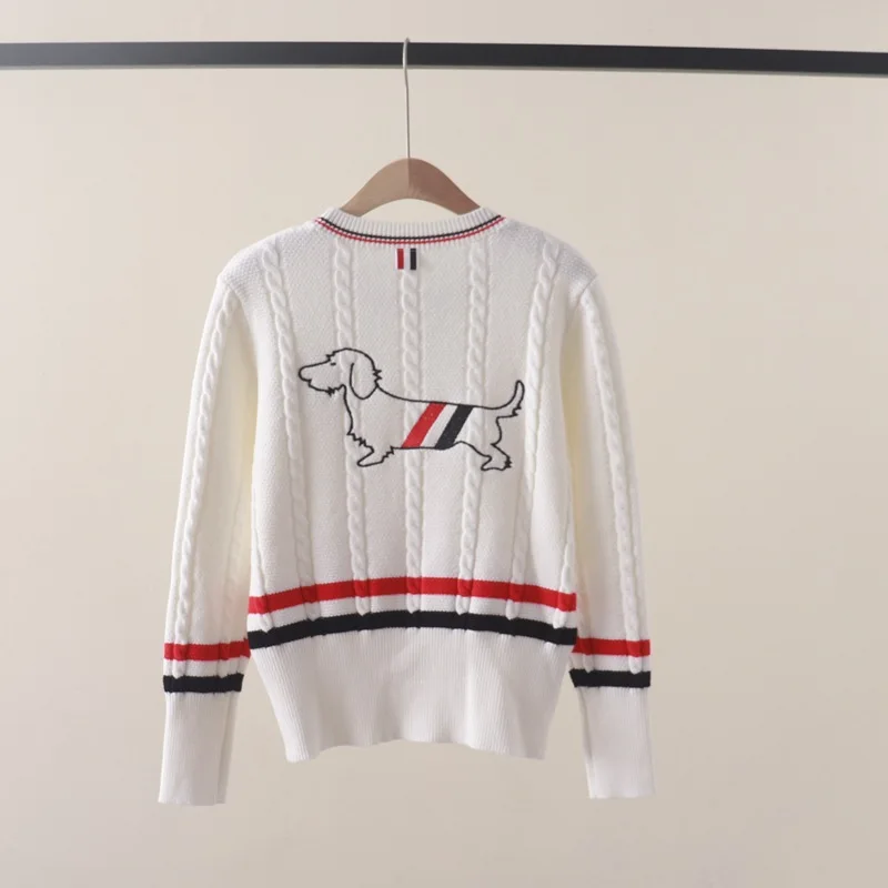 Autumn and Winter NewtbPreppy Style Contrast Color Striped Front and Rear Puppy Embroidered Long-Sleeved Sweater Outer Wear Bott