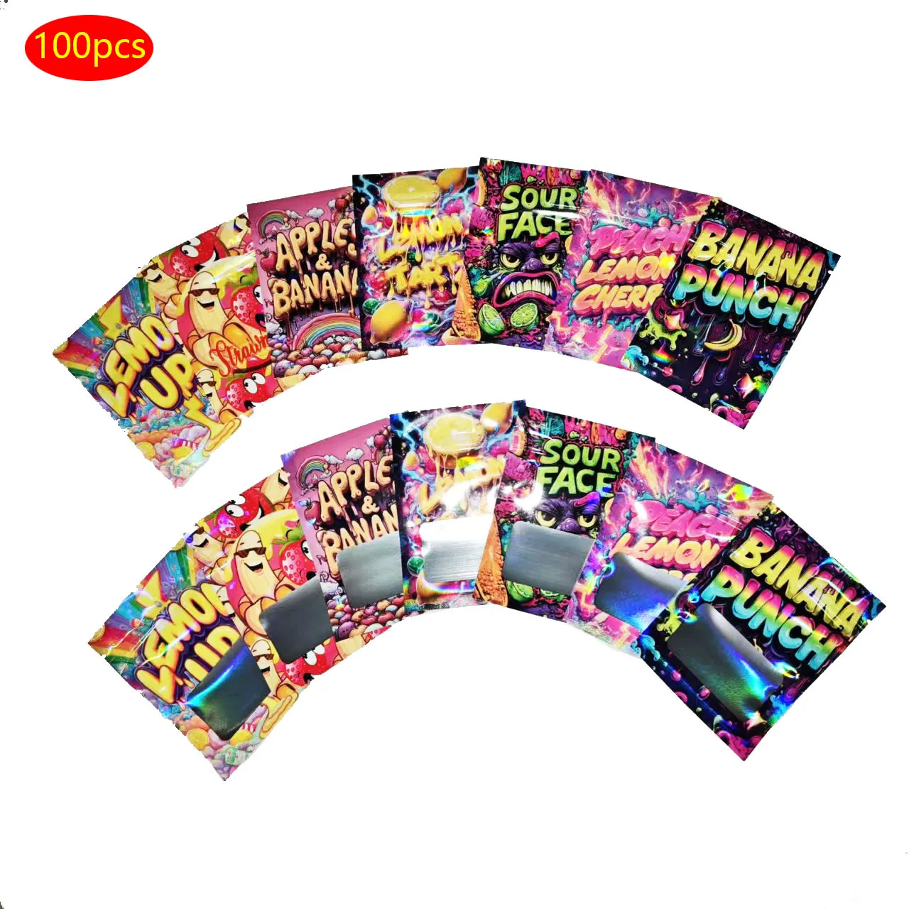 100 Stück Cartoon-Frucht-Design Laser-Versiegelbare Zip-Lock Mylar-Beutel 1 Gramm Geschenk-Aufbewahrungsbeutel Selbstversiegelnde Geruchsdichte Reißverschlussbeutel