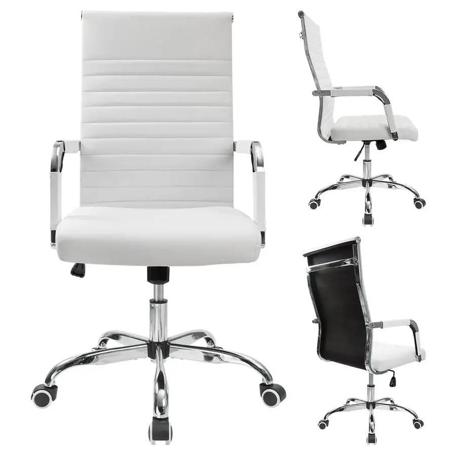 Ribbed Office Desk Chair MidBack PU Leather Executive Conference Task Chair Adjustable Swivel Chair with Arms White