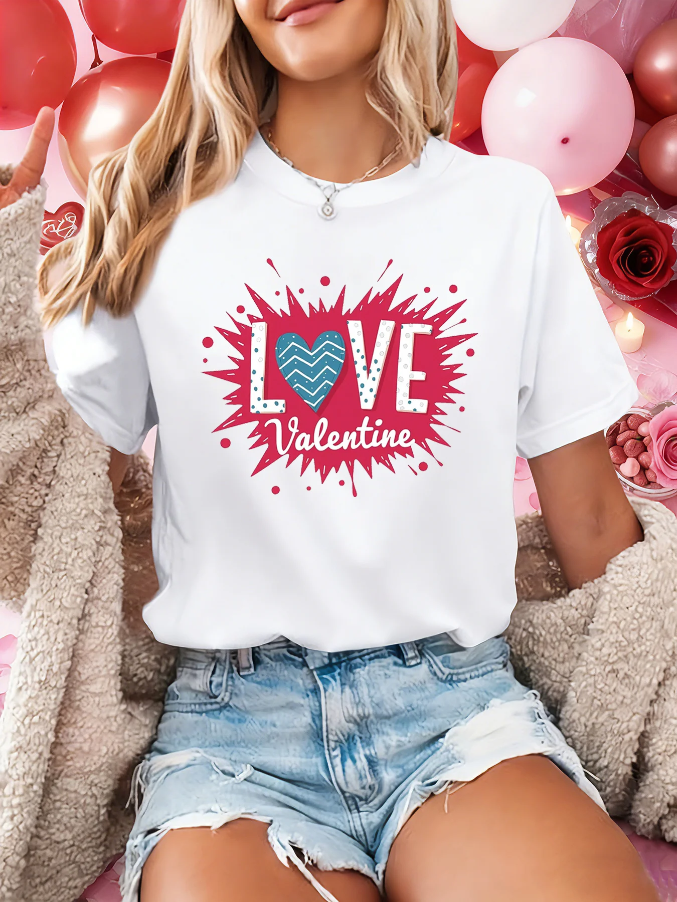 

Valentine's Day Women's Short Sleeve T-shirt LOVE Valentine Letter Print Crew Neck Casual Daily Top For Summer & Spring