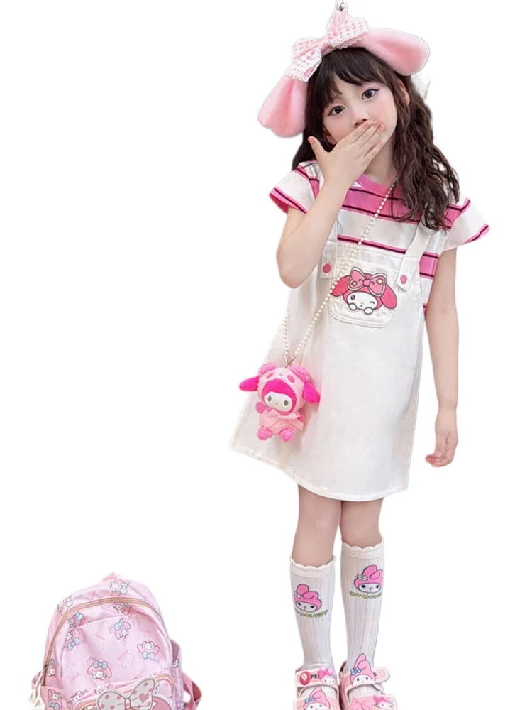 My Melody Anime Kawaii Sanrio Ins Sweet Short Sleeve Dress Cute Cartoon Fashion Fake Two Suspenders Skirt Clothing Girls Gifts