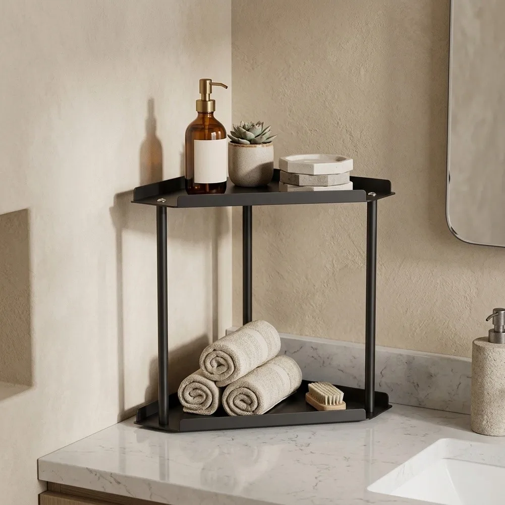 Bathroom Corner Organizer 2 Tier Design for Counter Use with Guardrails and Stability Feet for Toiletries Storage