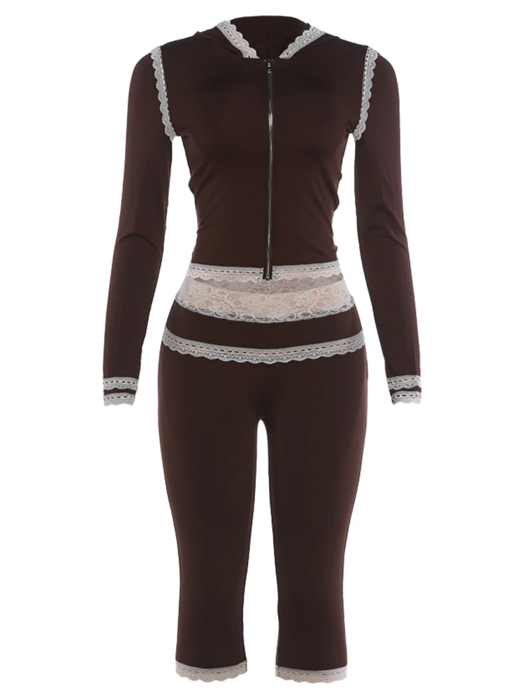 Weird Puss Spitzen-Patchwork 2-teiliges Set Damen Herbst-Trend Reißverschluss Kapuzenjacke mit langen Ärmeln + Skinny Crop-Hose High-Street-Style-Anzug – Detail 2