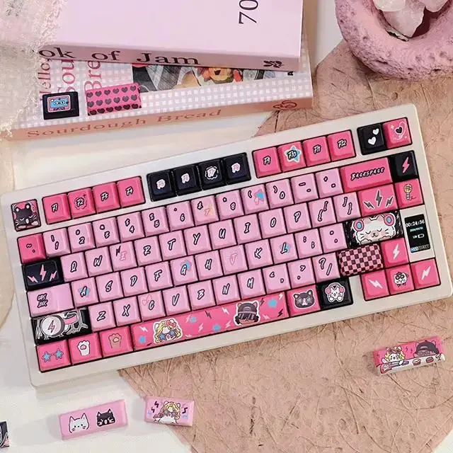 Apt Meow Theme Keycap Pbt Full Five-Sided Sublimation Keycaps Longcheng Hi75 Hi8 Full Set Cherry Mda Pink Cute Cartoon Keycaps