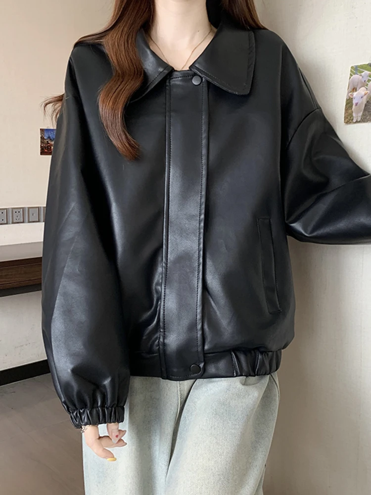 Giacca in Pelle da Donna Stile Coreano Oversize con Colletto Rovesciato Versatile per Autunno Inverno