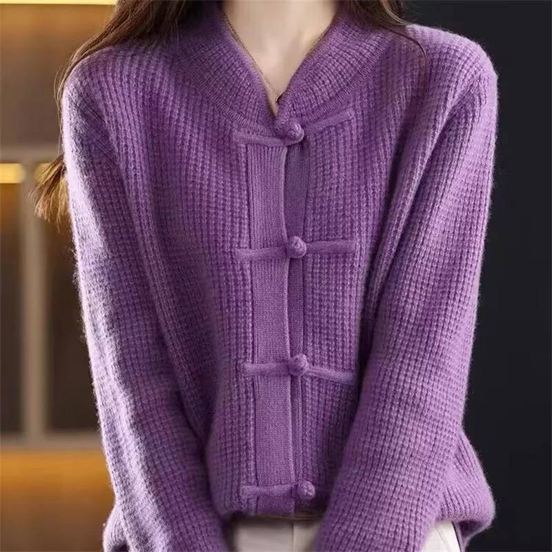 Stand Collar Retro Loose National Style Sweater Jacket Female Autumn Winter Women Knitted Sweater Cardigan Coat