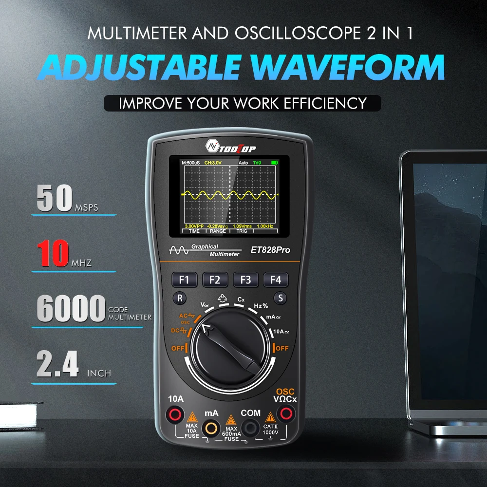 TOOLTOP ET828Pro 10MHz Handheld Digital Oscilloscope 50Msps Automatic True RMS Multimeter AC 565V High Voltage Oscilloscope