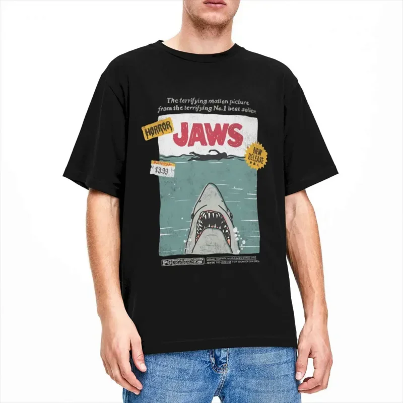 Men Women's Vintage Movie Jaws Terrifying Motion Picture Poster T Shirt Apparel Thriller Shark Film 100% Cotton T-shirt Clothes