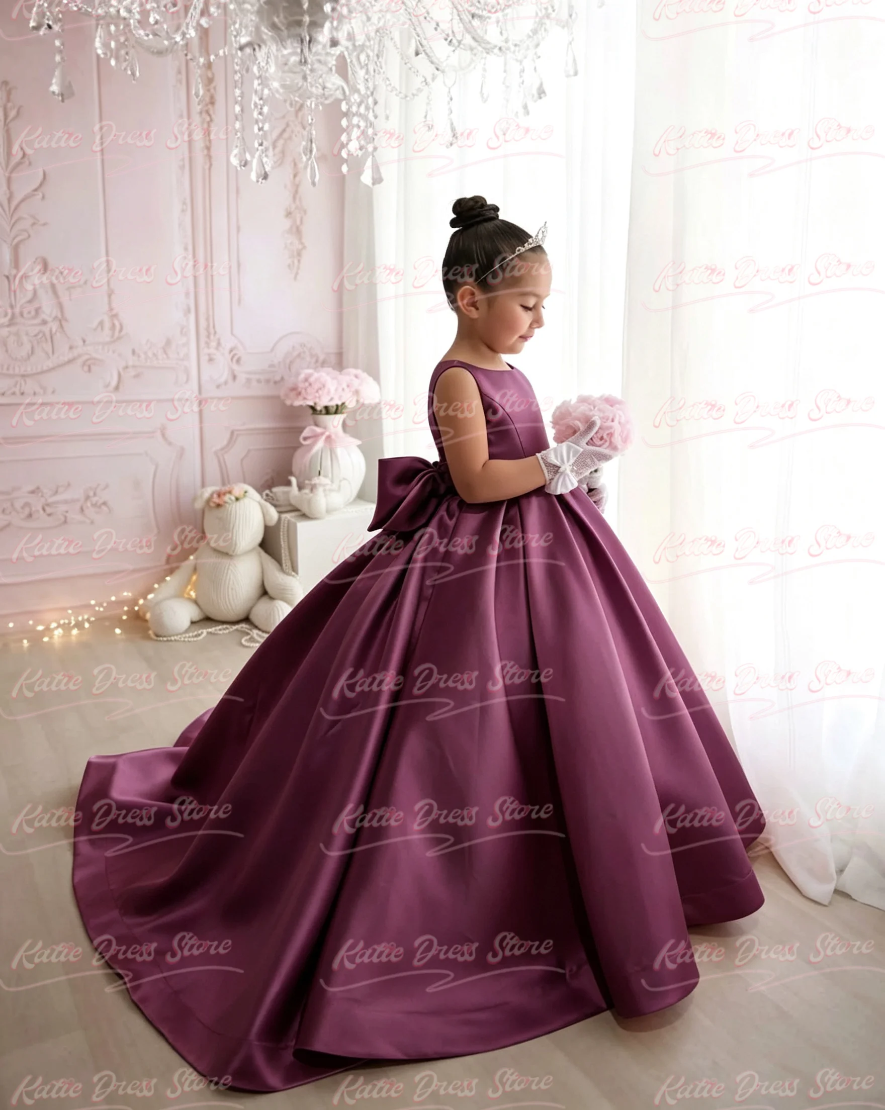 Simple Flower Girl Dress For Wedding Satin Sleeveless With Bow Princess Kids Birthday Party First Comunion Ball Gown Customized