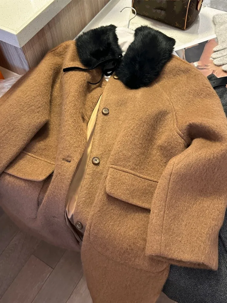Autumn Winter Women Versatile Single Breasted Thick Woolen Coat Turndown Collar Designer Loose Fit Casual Mid Long Length Jacket