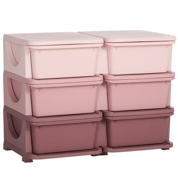 

Qaba 3 Tier Unit Pink 6 Drawer Chest Toy Organizer with Plastic Bins for Bedroom Nursery Kindergarten