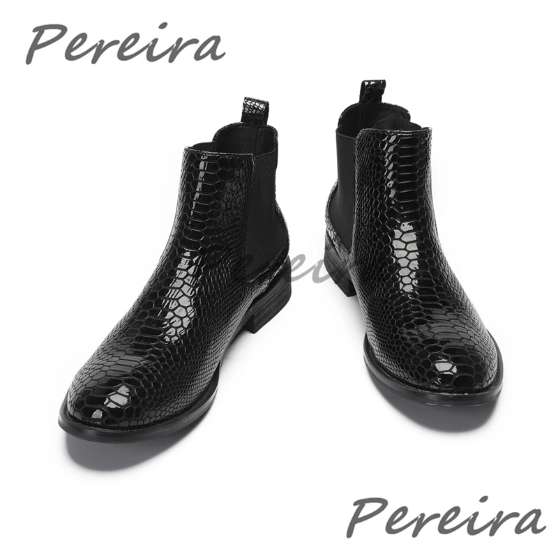 Black Snake Pattern Men's Short Boots Rivet Design Round Toe Slip On Ankle Boots British Style Genuine Leather Male Casual Shoes