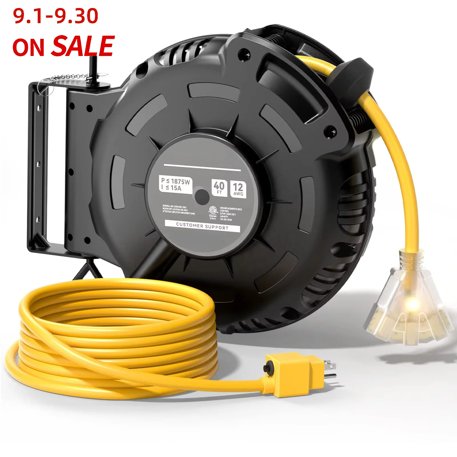 

40 FT 12AWG Power Cord with 5FT Ultra Lead In and LED Outlets 15 AMP Circuit Breaker Wall Mount Retractable Extension Cord Reel